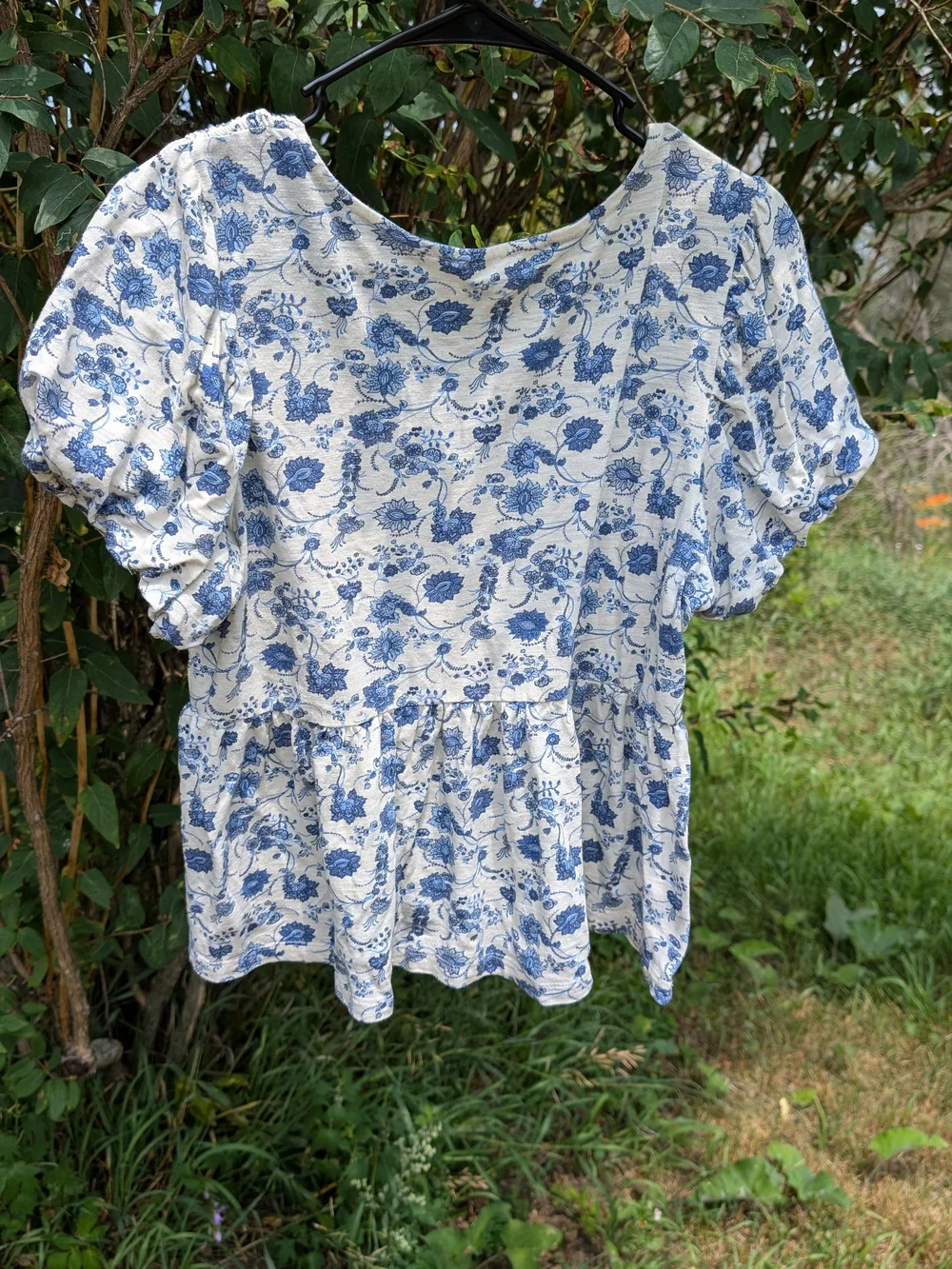 Lucky Brand Blue and White Floral Smocked Peplum Top